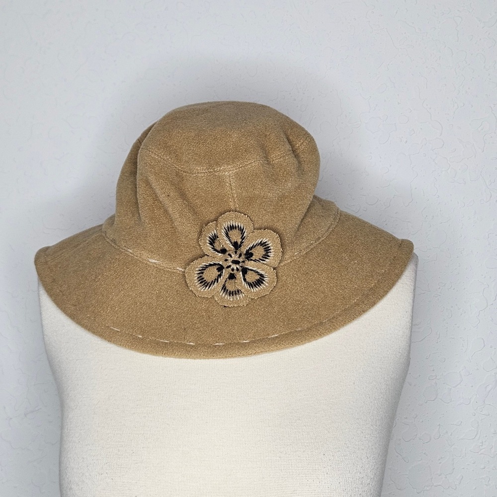 Wool Blend Camel Tan Bucket Hat Floral Embroidery Whipstitch Boho Cloche